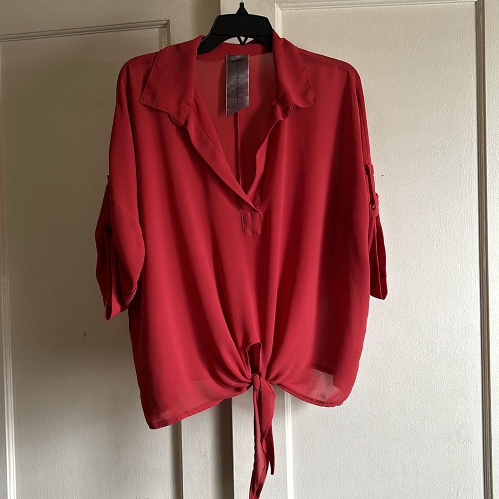 Rust color tie front Quarter length sleeve shirt chiffon blouse ~ New w/o Tags